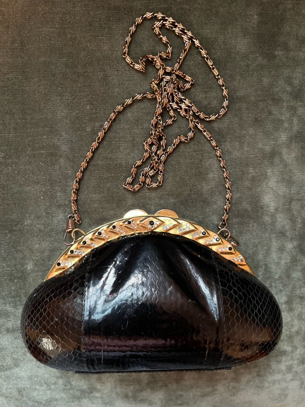 Vintage Black Python-Texture Evening Bag with Gold and Gemstone accents